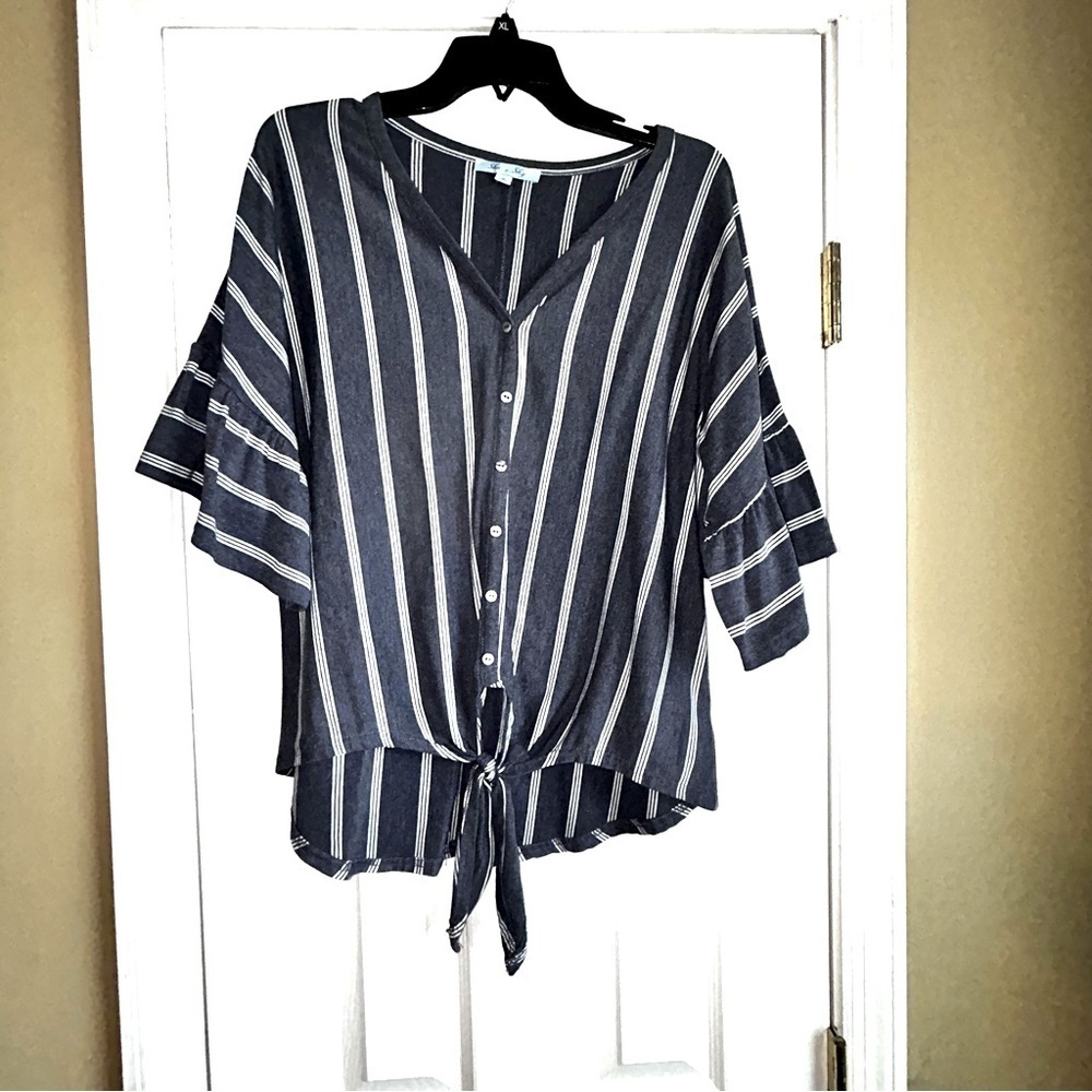 She + Sky Navy and White Striped Button Down Shirt
